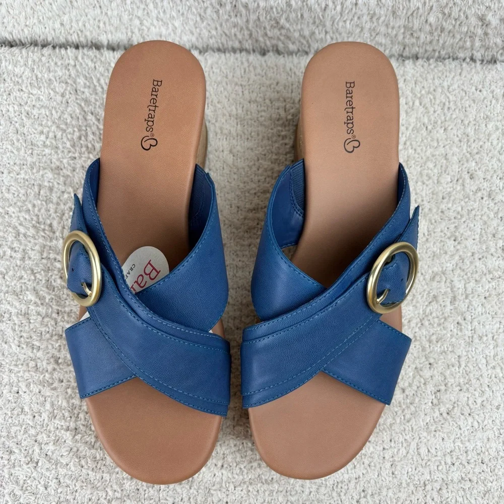 Baretraps Sandals Womens 9M Blue Sydney‎ Cork Slip On Buckle Detail Honeycomb
